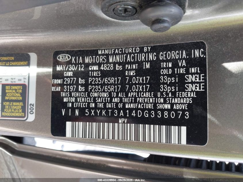 2013 Kia Sorento Lx VIN: 5XYKT3A14DG338073 Lot: 43339904