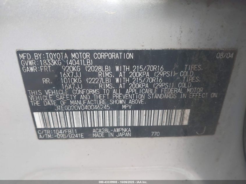 2004 Toyota Rav4 VIN: JTEGD20V040046245 Lot: 43339908