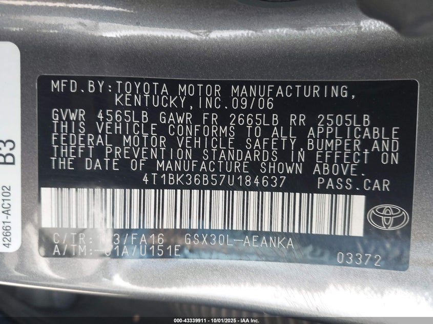 2007 Toyota Avalon Xl VIN: 4T1BK36B57U184637 Lot: 43339911