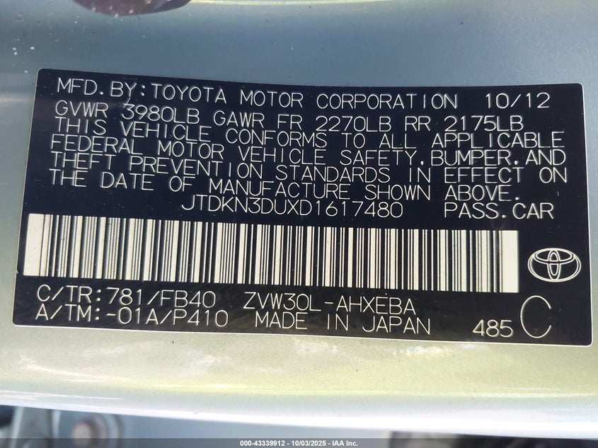 2013 TOYOTA PRIUS THREE JTDKN3DUXD1617480