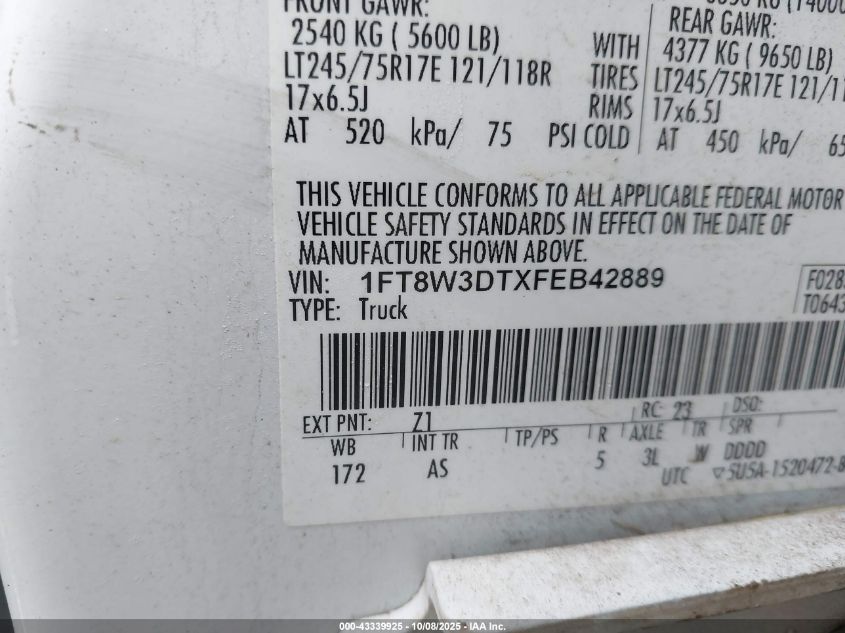 2015 Ford F-350 Xl VIN: 1FT8W3DTXFEB42889 Lot: 43339925