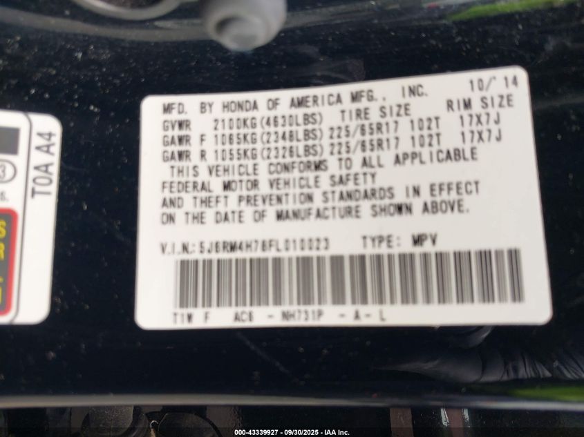 2015 Honda Cr-V Ex-L VIN: 5J6RM4H78FL010023 Lot: 43339927