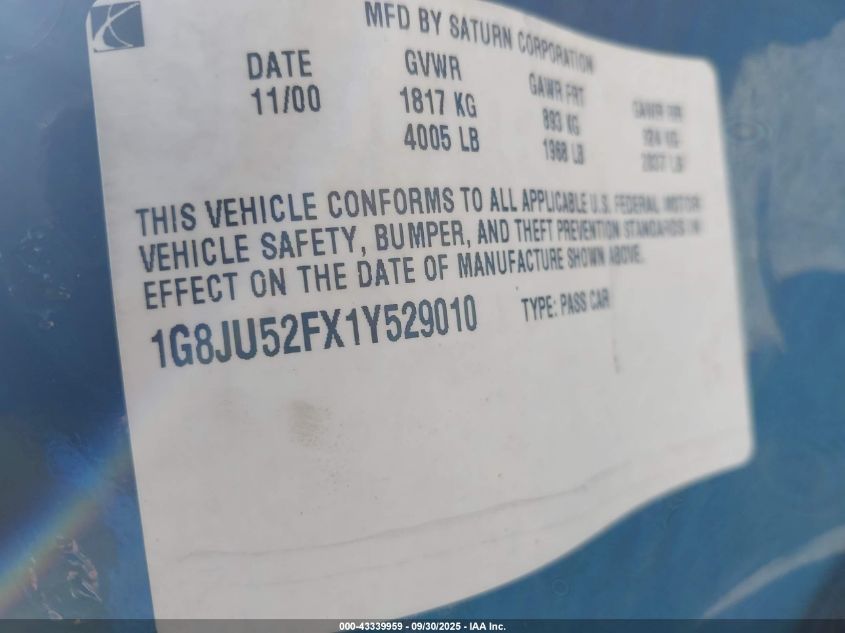 2001 Saturn L200 VIN: 1G8JU52FX1Y529010 Lot: 43339959
