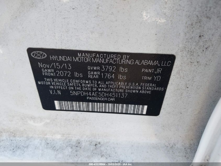 2013 Hyundai Elantra Gls VIN: 5NPDH4AE5DH451137 Lot: 43339964