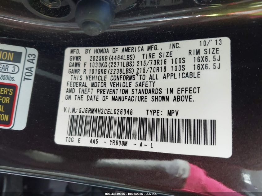 2014 Honda Cr-V Lx VIN: 5J6RM4H30EL026048 Lot: 43339965