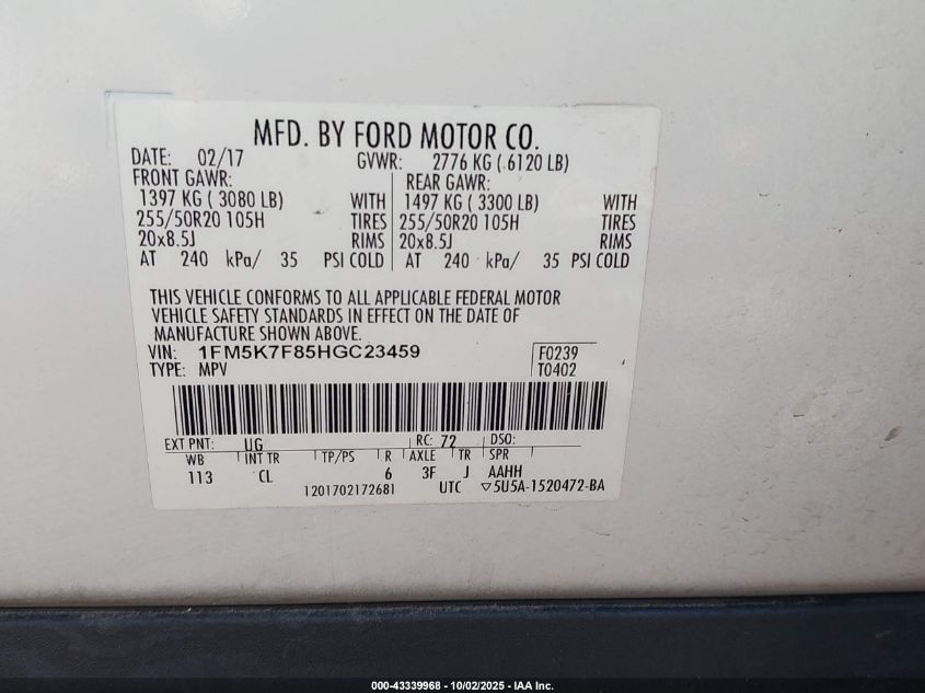 2017 Ford Explorer Limited VIN: 1FM5K7F85HGC23459 Lot: 43339968