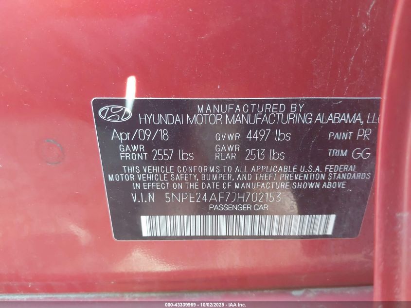 2018 Hyundai Sonata Se VIN: 5NPE24AF7JH702153 Lot: 43339969