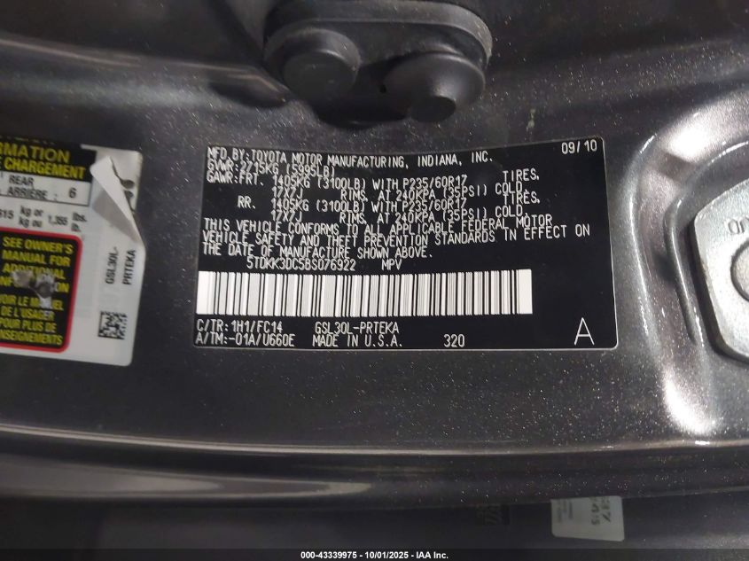 2011 Toyota Sienna Le V6 VIN: 5TDKK3DC5BS076922 Lot: 43339975