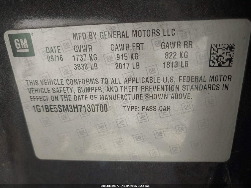 2017 CHEVROLET CRUZE LT AUTO - 1G1BE5SM3H7130700