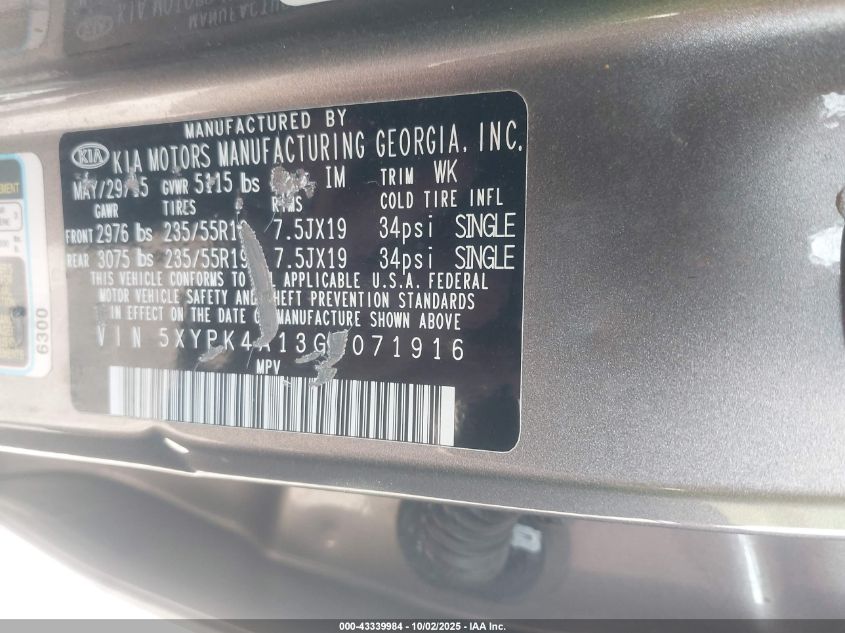 2016 Kia Sorento 2.0T Sxl VIN: 5XYPK4A13GG071916 Lot: 43339984