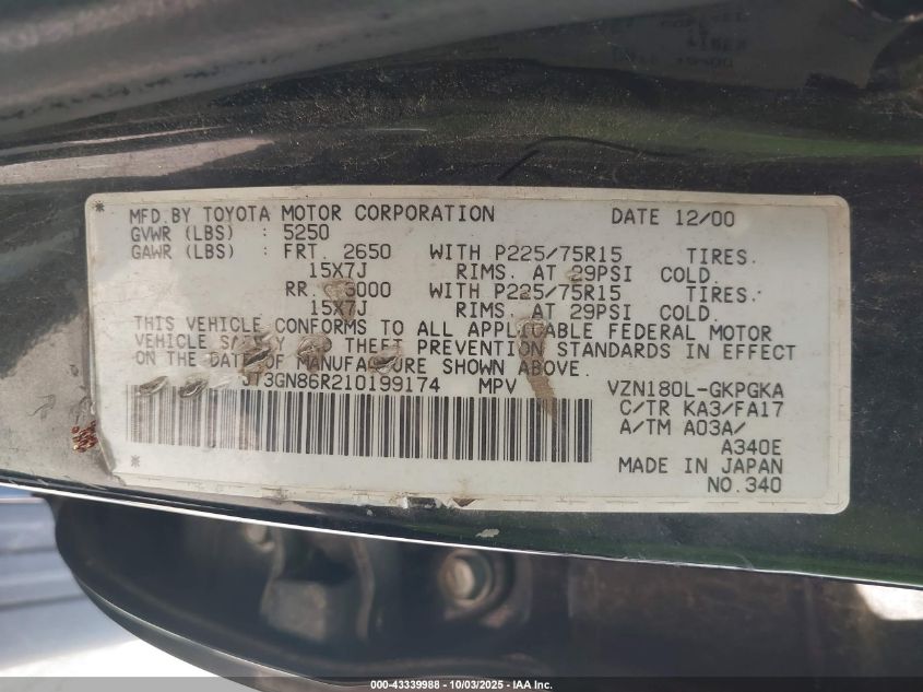 2001 Toyota 4Runner Sr5 V6 VIN: JT3GN86R210199174 Lot: 43339988