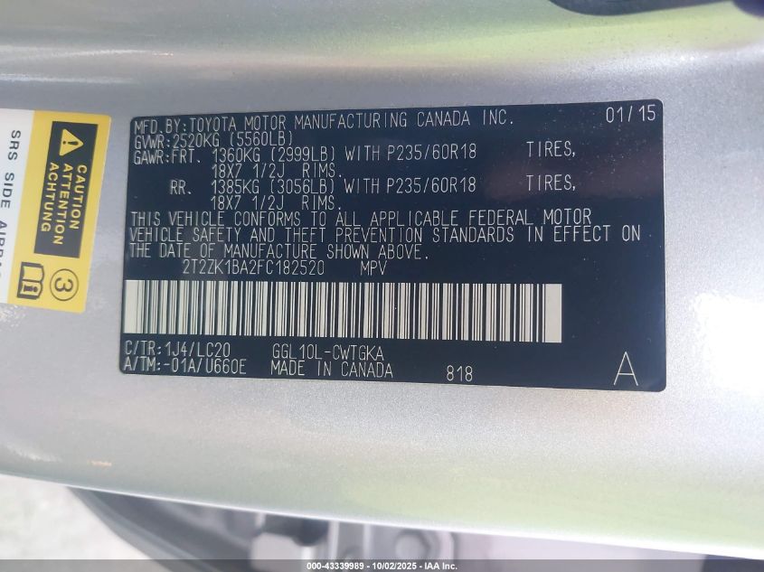 2015 Lexus Rx 350 VIN: 2T2ZK1BA2FC182520 Lot: 43339989