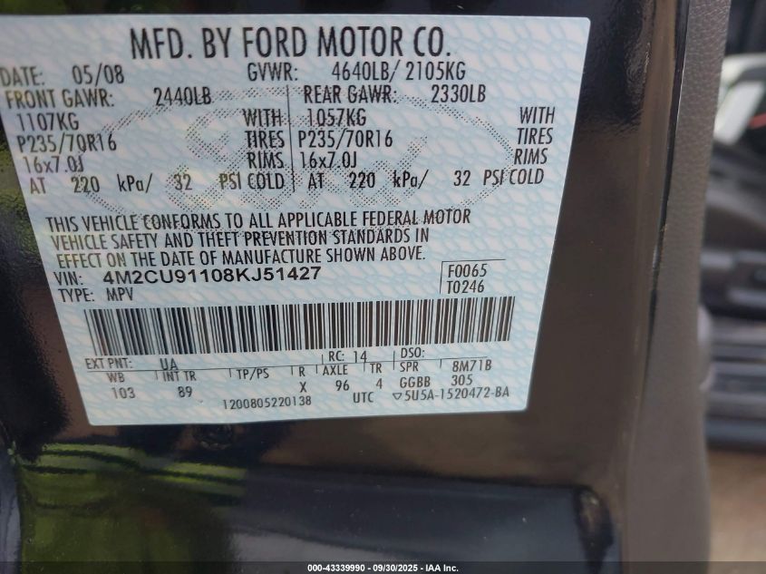 2008 Mercury Mariner V6 VIN: 4M2CU91108KJ51427 Lot: 43339990