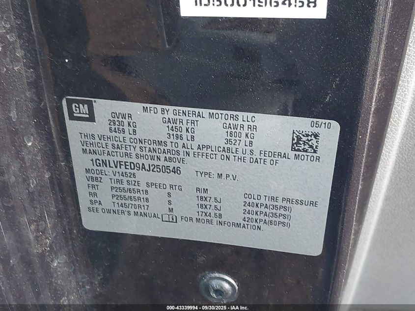 2010 Chevrolet Traverse Lt VIN: 1GNLVFED9AJ250546 Lot: 43339994