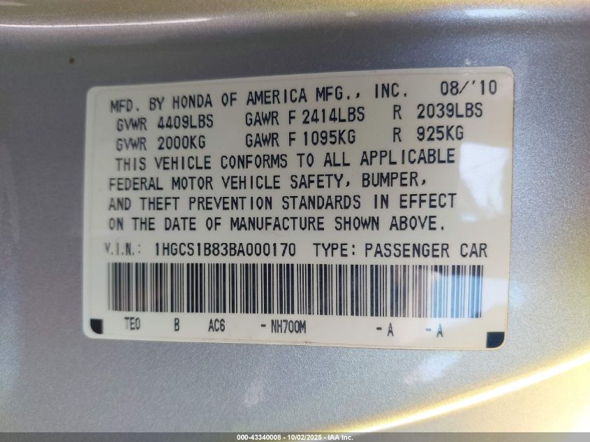 2011 Honda Accord 2.4 Ex-L VIN: 1HGCS1B83BA000170 Lot: 43340008