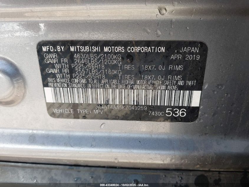 2019 Mitsubishi Eclipse Cross Le VIN: JA4AT4AA5KZ049259 Lot: 43340024