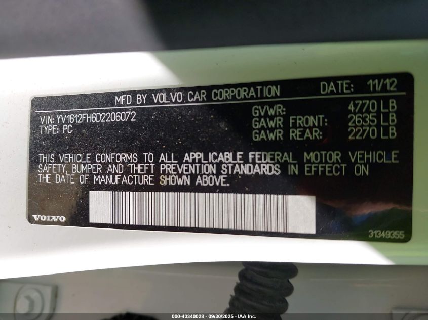 2013 Volvo S60 T5 VIN: YV1612FH6D2206072 Lot: 43340028