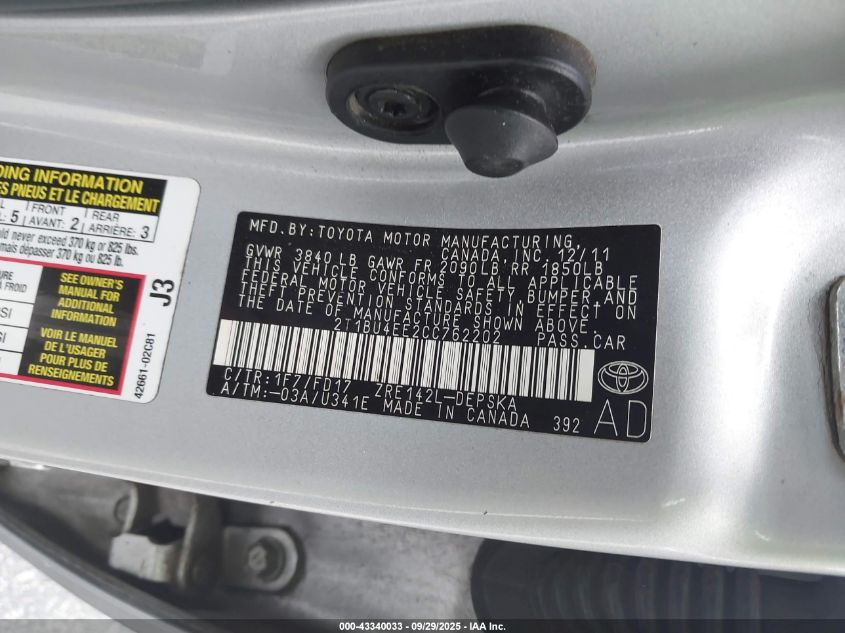 2012 Toyota Corolla S VIN: 2T1BU4EE2CC762202 Lot: 43340033