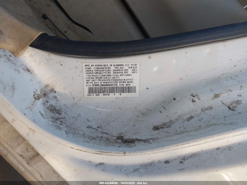 2008 Honda Odyssey Ex-L VIN: 5FNRL38668B402725 Lot: 43340046