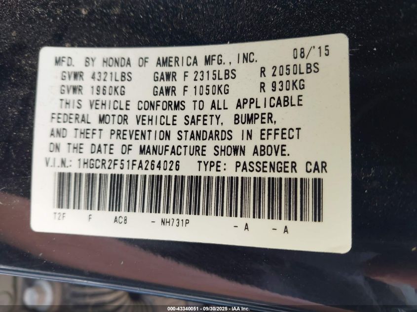 2015 Honda Accord Sport VIN: 1HGCR2F51FA264026 Lot: 43340051