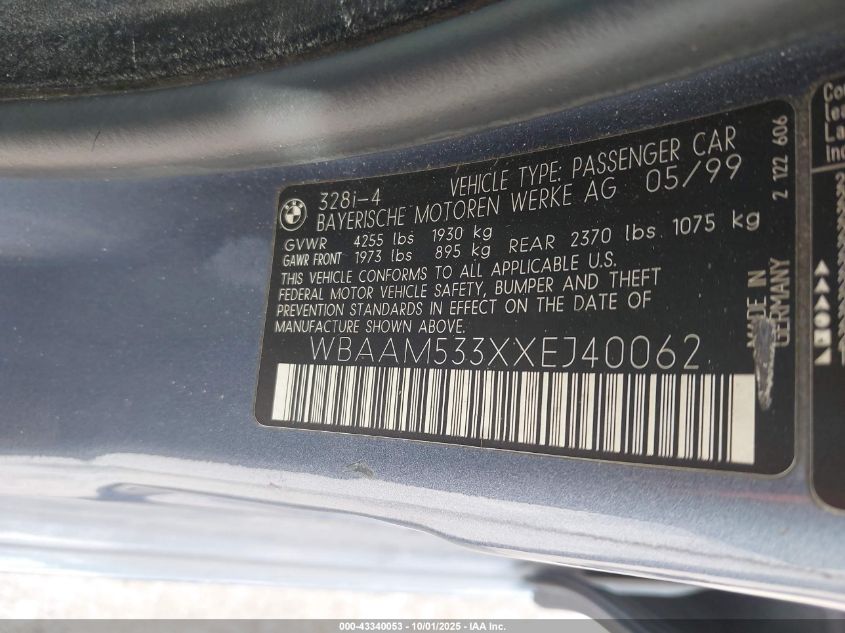 1999 BMW 328I VIN: WBAAM533XXEJ40062 Lot: 43340053
