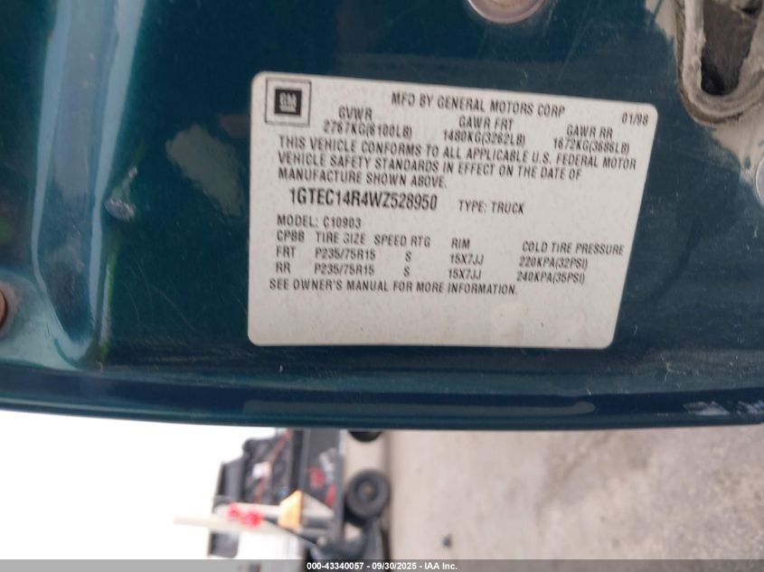 1998 GMC Sierra 1500 Sl Wideside VIN: 1GTEC14R4WZ528950 Lot: 43340057