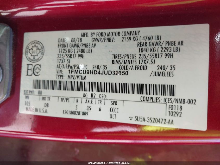 2018 Ford Escape Sel VIN: 1FMCU9HD4JUD32350 Lot: 43340065