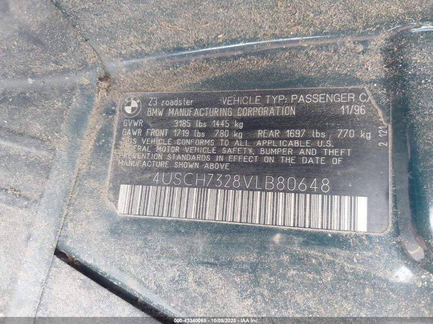 1997 BMW Z3 1.9L Roadster VIN: 4USCH7328VLB80648 Lot: 43340068