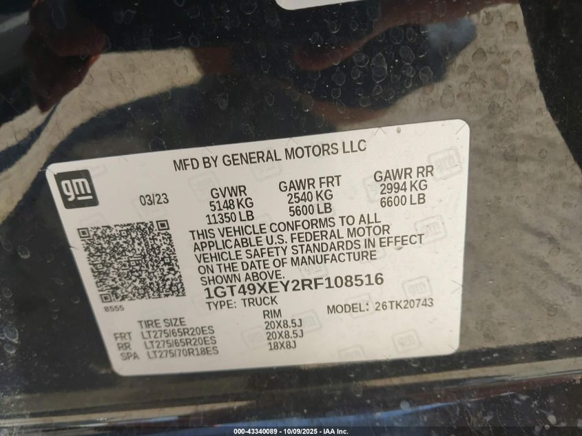 2024 GMC Sierra 2500Hd 4Wd Standard Bed Denali Ultimate VIN: 1GT49XEY2RF108516 Lot: 43340089