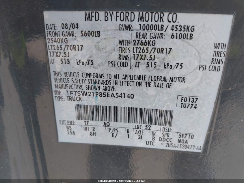 2005 Ford F-250 Lariat/Xl/Xlt VIN: 1FTSW21P85EA54140 Lot: 43340091