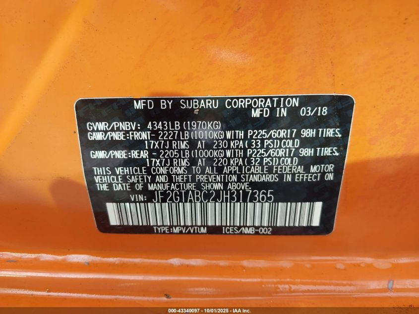 2018 Subaru Crosstrek 2.0I Premium VIN: JF2GTABC2JH317365 Lot: 43340097