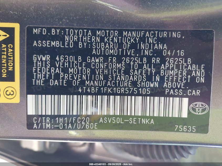 2016 Toyota Camry Le VIN: 4T4BF1FK1GR575105 Lot: 43340103