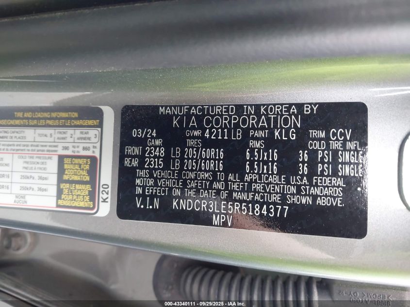 2024 Kia Niro Ex VIN: KNDCR3LE5R5184377 Lot: 43340111