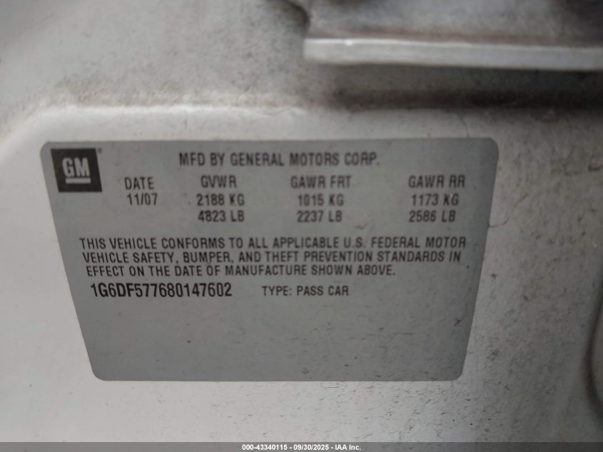 2008 Cadillac Cts Standard VIN: 1G6DF577680147602 Lot: 43340115