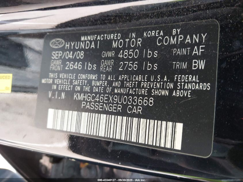 2009 Hyundai Genesis 3.8 VIN: KMHGC46EX9U033668 Lot: 43340127