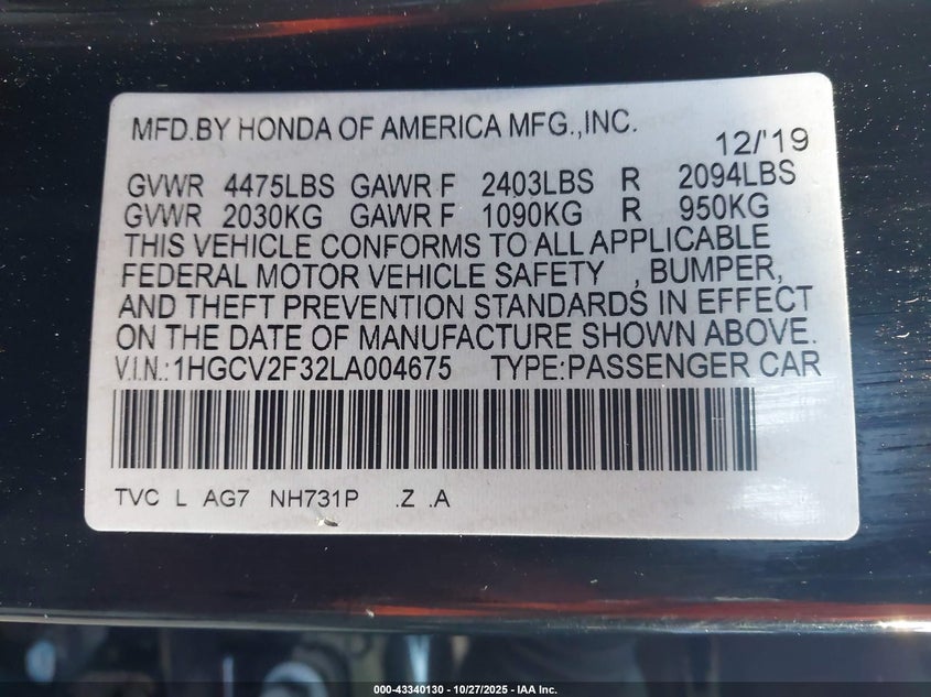 1HGCV2F32LA004675 2020 HONDA ACCORD photo no. 9