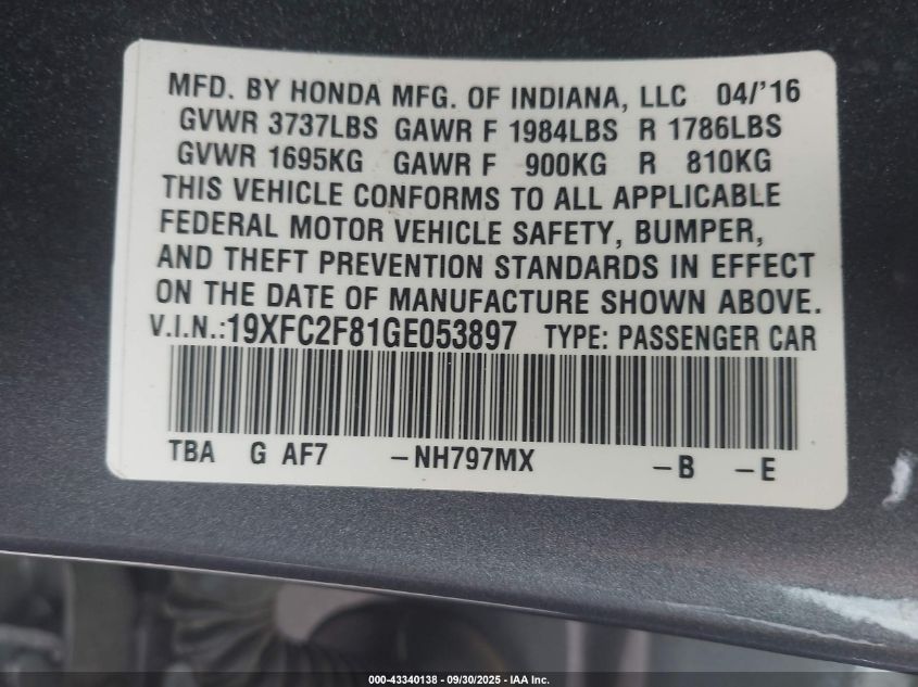 2016 Honda Civic Ex VIN: 19XFC2F81GE053897 Lot: 43340138