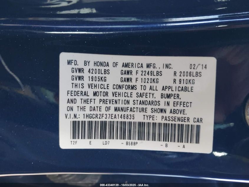 2014 Honda Accord Lx VIN: 1HGCR2F37EA146835 Lot: 43340139