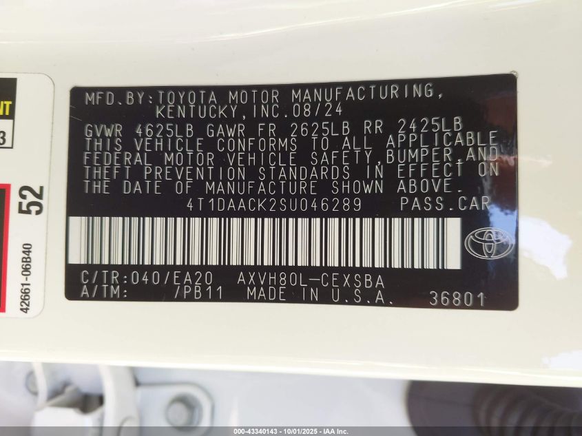 2025 Toyota Camry Se VIN: 4T1DAACK2SU046289 Lot: 43340143