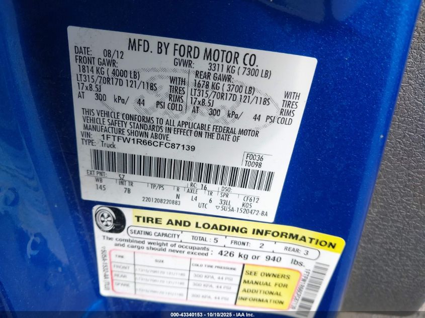 2012 Ford F-150 Svt Raptor VIN: 1FTFW1R66CFC87139 Lot: 43340153