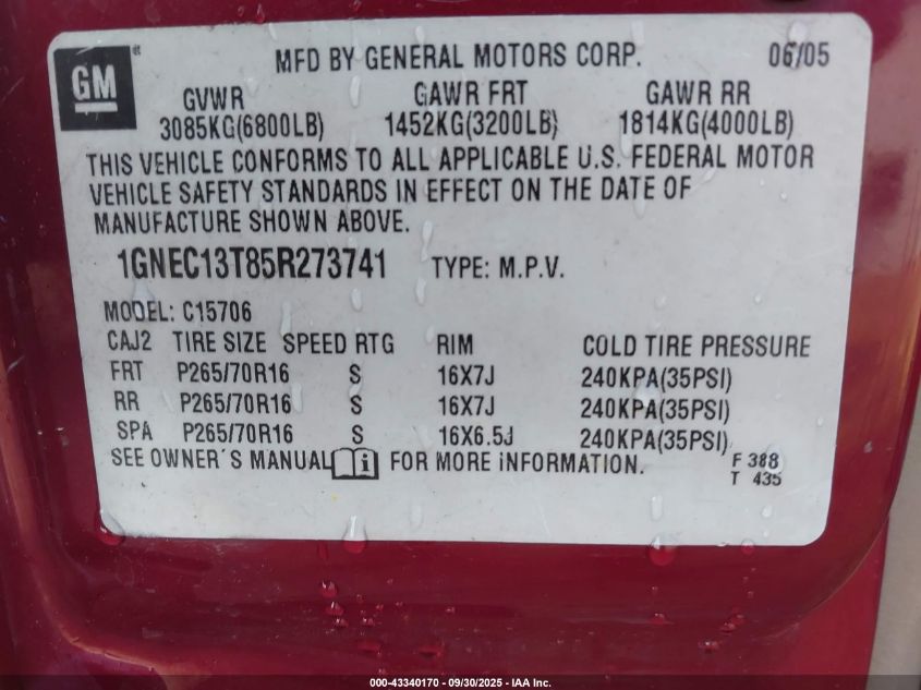 2005 Chevrolet Tahoe Ls VIN: 1GNEC13T85R273741 Lot: 43340170
