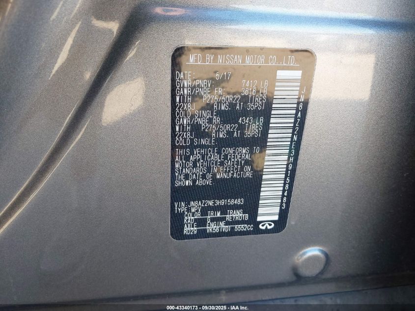 2017 Infiniti Qx80 VIN: JN8AZ2NE3H9158483 Lot: 43340173