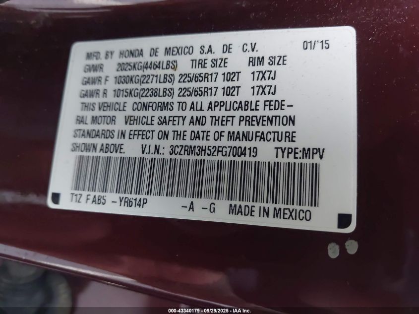 2015 Honda Cr-V Ex VIN: 3CZRM3H52FG700419 Lot: 43340179