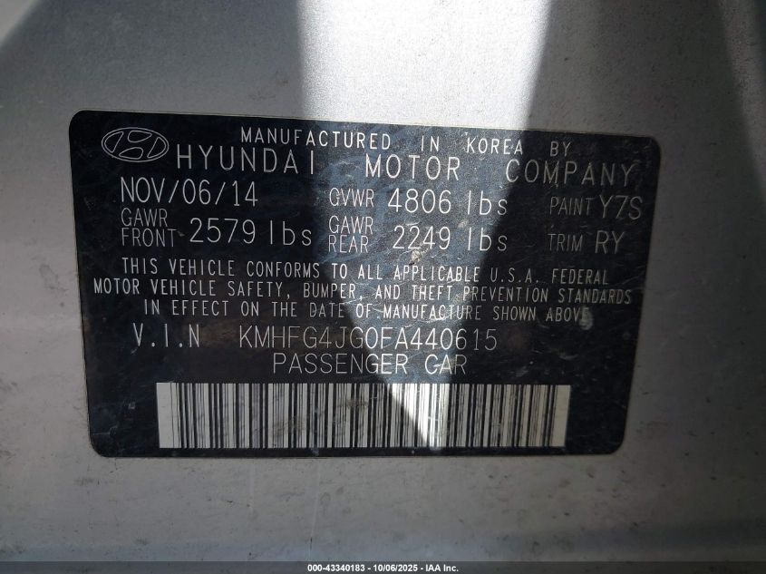 2015 Hyundai Azera VIN: KMHFG4JG0FA440615 Lot: 43340183