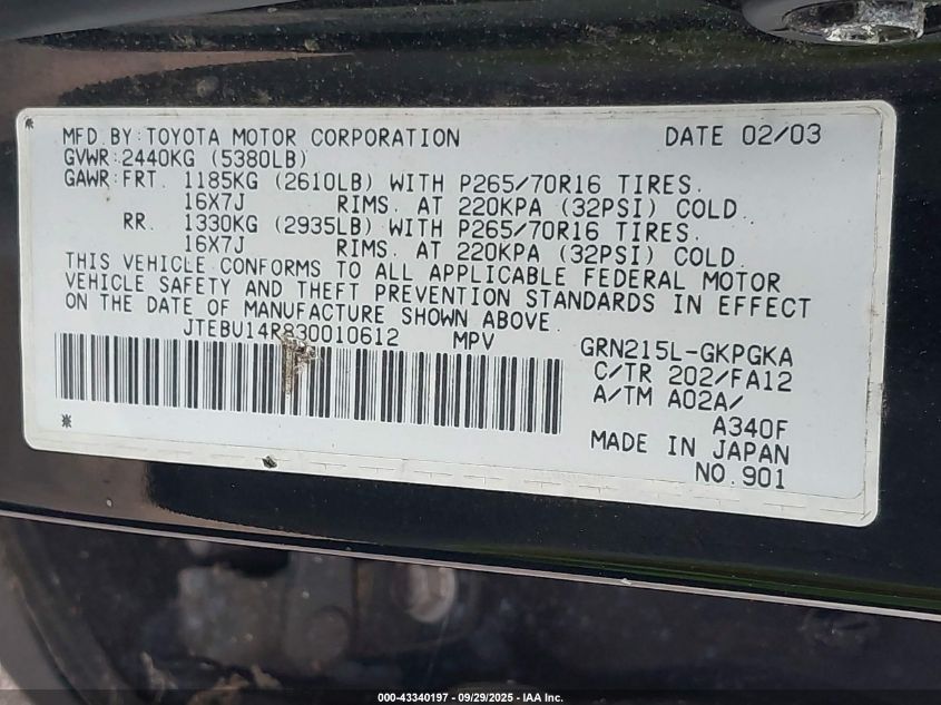 2003 Toyota 4Runner Sr5 V6 VIN: JTEBU14R830010612 Lot: 43340197