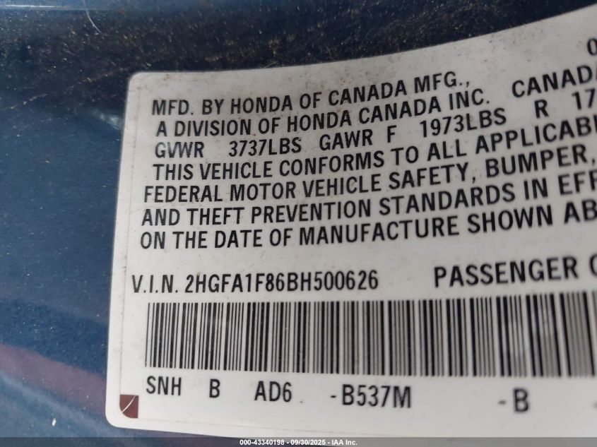 2011 Honda Civic Ex VIN: 2HGFA1F86BH500626 Lot: 43340198