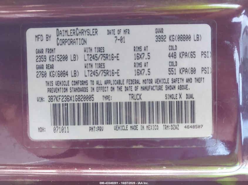 2001 Dodge Ram 2500 St VIN: 3B7KF236X1G820005 Lot: 43340201