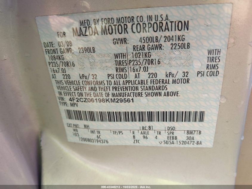 2008 Mazda Tribute S Grand Touring VIN: 4F2CZ06198KM29561 Lot: 43340212