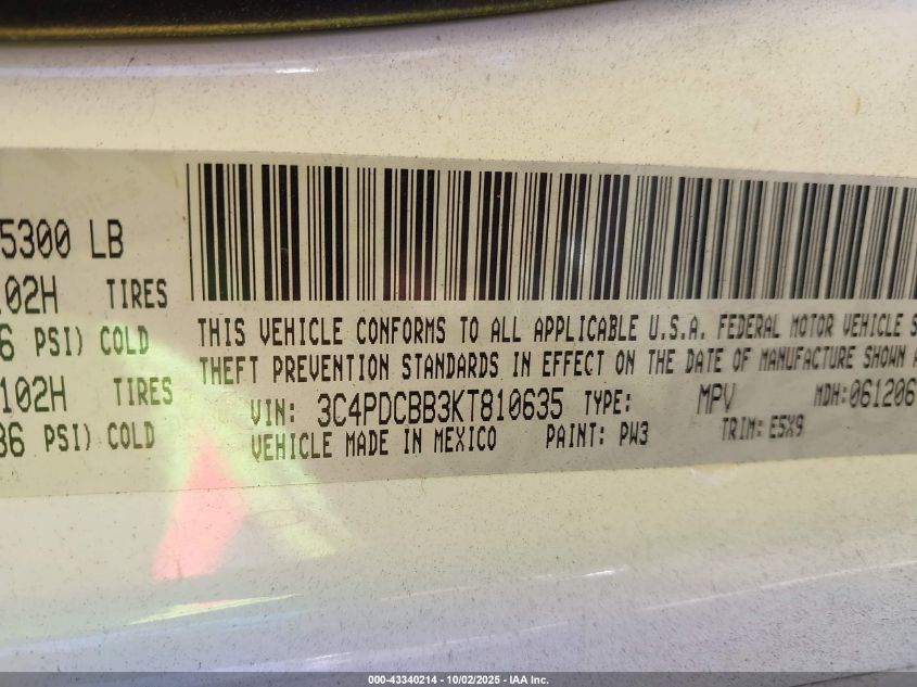 2019 Dodge Journey Se VIN: 3C4PDCBB3KT810635 Lot: 43340214