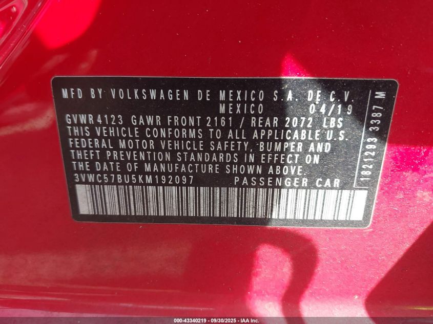 2019 Volkswagen Jetta 1.4T R-Line/1.4T S/1.4T Se VIN: 3VWC57BU5KM192097 Lot: 43340219